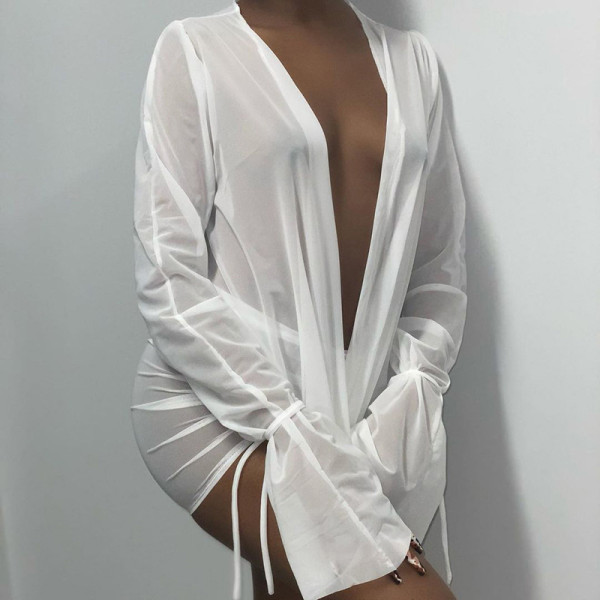 2021 autumn women's new long-sleeved solid color fashion pile collar ruffled perspective sexy short skirt suit K21S05149