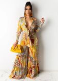 Chiffon Printed Long Sleeve Wide Legs Irregular Ladies Casual Suit MM2125