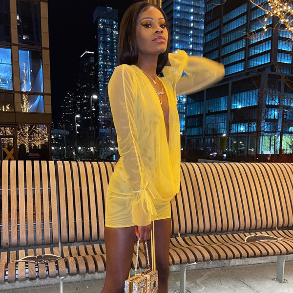 2021 autumn women's new long-sleeved solid color fashion pile collar ruffled perspective sexy short skirt suit K21S05149