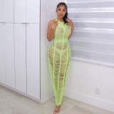 2021 summer women's new beach skirt halter neck lace open back perspective sexy knitted dress W21D03198