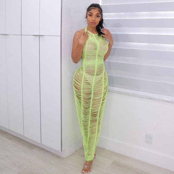 2021 summer women's new beach skirt halter neck lace open back perspective sexy knitted dress W21D03198