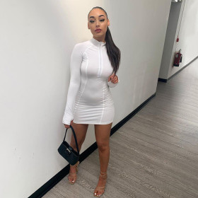 2021 autumn women's new style foreign trade long-sleeved bag hip half open collar zipper sexy bag hip dress female D1737827