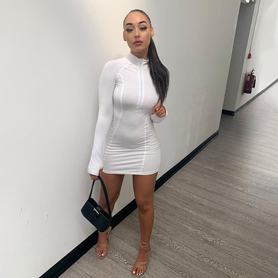 2021 autumn women's new style foreign trade long-sleeved bag hip half open collar zipper sexy bag hip dress female D1737827