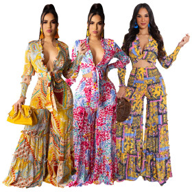 Chiffon Printed Long Sleeve Wide Legs Irregular Ladies Casual Suit MM2125