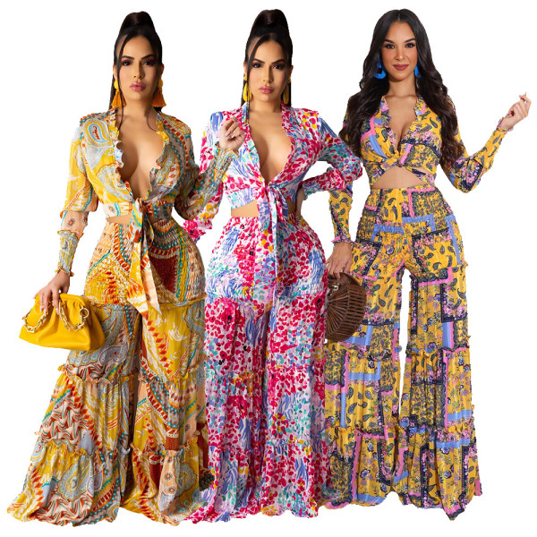 Chiffon Printed Long Sleeve Wide Legs Irregular Ladies Casual Suit MM2125