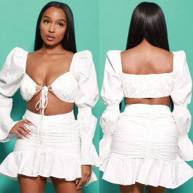 Women's sexy tie, bandage, puff sleeve solid color two-piece suit B9298