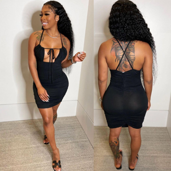 Sexy women's pleated chest strapped back hollow skirt B9289