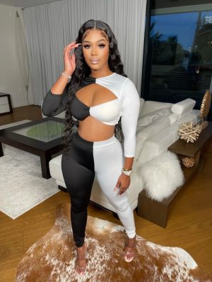 Fall new Amazon European and American sexy women's fashion slim solid color stitching two-piece suit Y5205