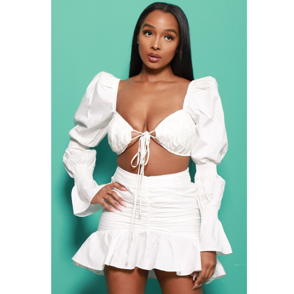 Women's sexy tie, bandage, puff sleeve solid color two-piece suit B9298