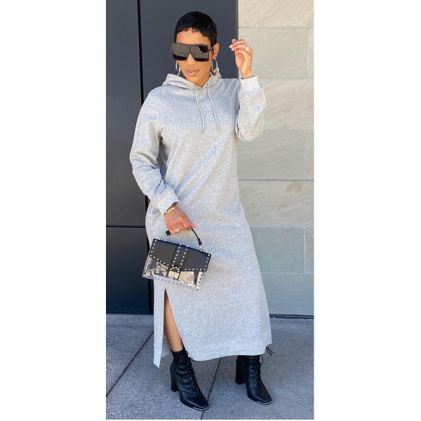 Women's Fashion Solid Color Hooded Split Dress Long Skirt Y5201