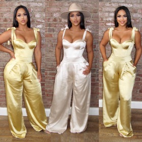 Sexy suspenders, tie-up waist wide-leg satin jumpsuit B9286 