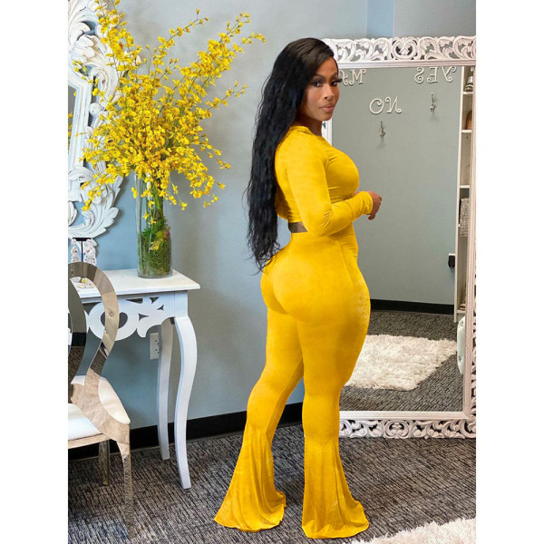 Autumn and winter new style European and American fashion casual sexy solid gold velvet flared pants long-sleeved suit Y5206