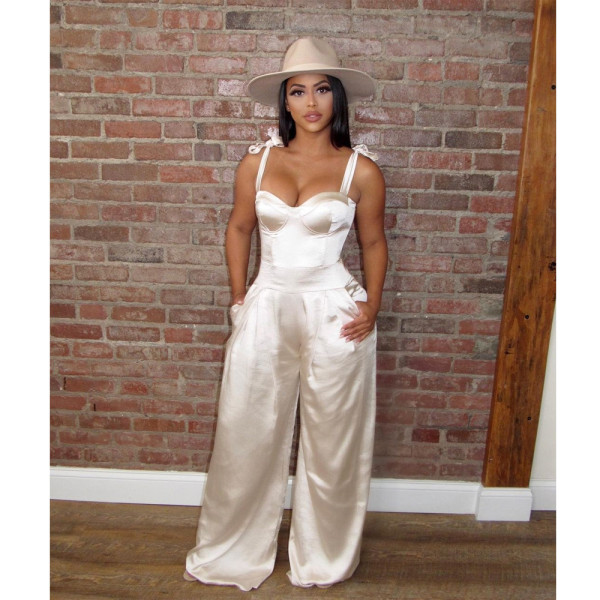 Sexy suspenders, tie-up waist wide-leg satin jumpsuit B9286 