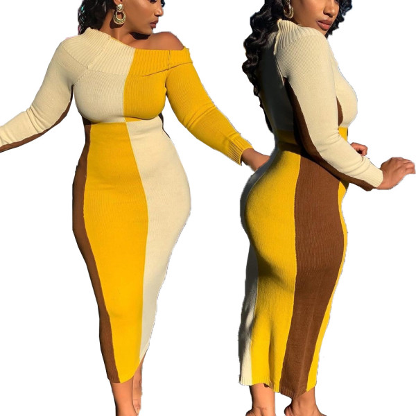 Women's color matching sexy slim dress B9297
