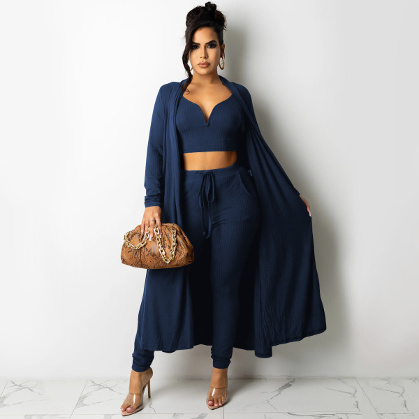 Fashion solid color women's V-neck vest jacket with straps and trousers three-piece suit for women X5306