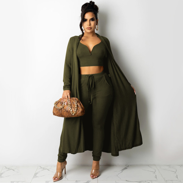 Fashion solid color women's V-neck vest jacket with straps and trousers three-piece suit for women X5306