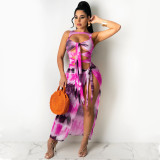 Fashionable Painted Net Yarn Perspective Hollow Bandage Irregular Split Dress X5105