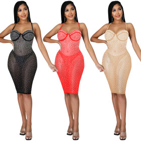 Sexy sling halter nightclub party hot diamond perspective dress women X5313