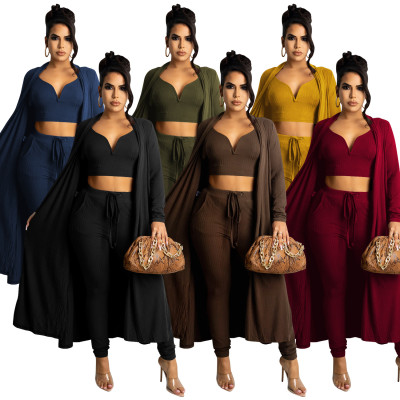 Fashion solid color women's V-neck vest jacket with straps and trousers three-piece suit for women X5306