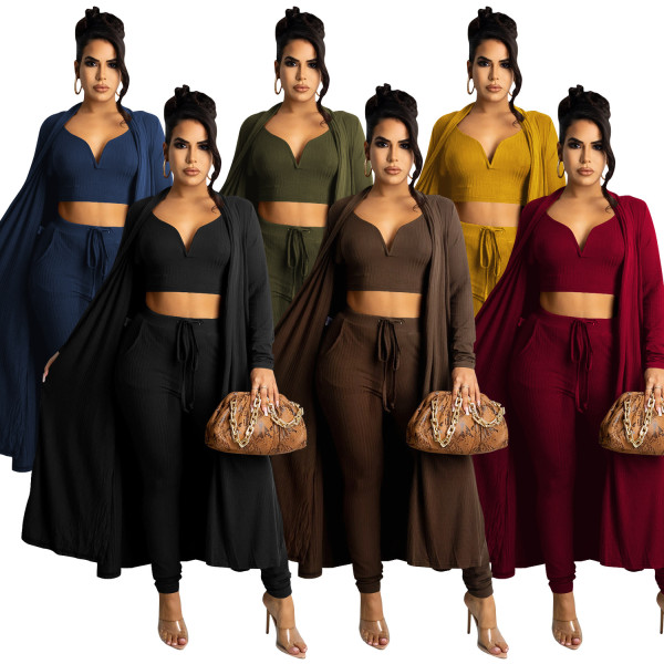 Fashion solid color women's V-neck vest jacket with straps and trousers three-piece suit for women X5306
