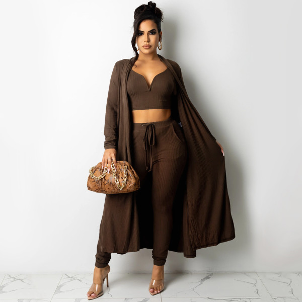 Fashion solid color women's V-neck vest jacket with straps and trousers three-piece suit for women X5306