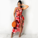 Fashionable Painted Net Yarn Perspective Hollow Bandage Irregular Split Dress X5105