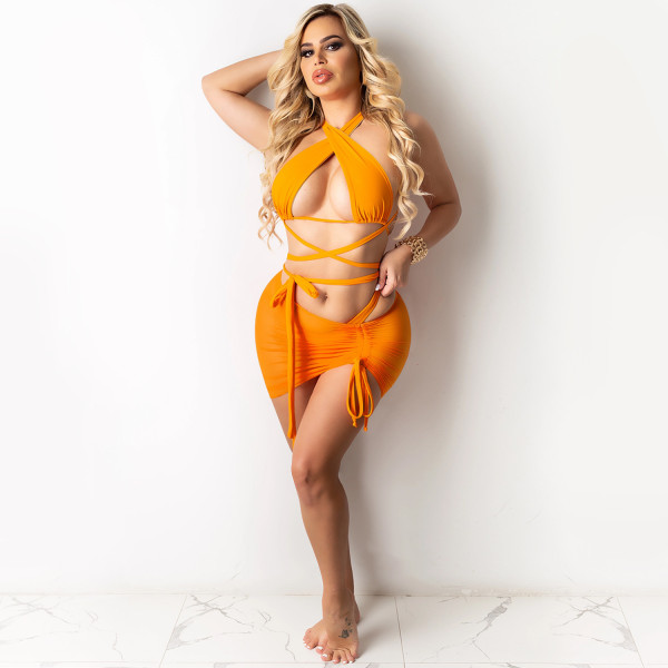 Fashion Sexy Bikini Milk Screen Yarn Solid Color Three-piece Sling Set X5141