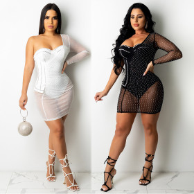 Sexy European and American halter hot rhinestone perspective one-piece nightclub clothes A7199