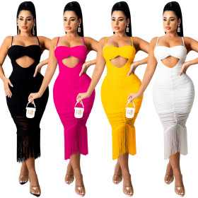 Pure color fashion women's sexy sling strap wrapped chest hollow flow beard mid-skirt dress X5225