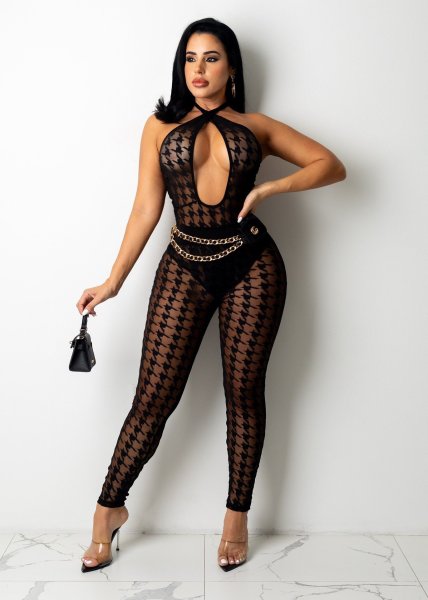Sexy European and American houndstooth mesh V-neck low waist two-piece shorts nightclub A7198