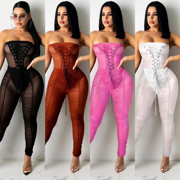 Solid color wrapped chest sexy see-through jumpsuit trousers women's clothing X5183