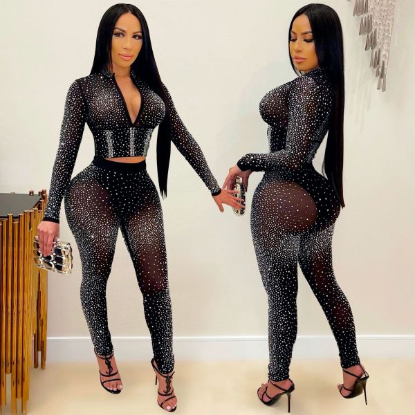 New product nightclub hot diamond V-neck long-sleeved trousers women's two-piece suit X5206
