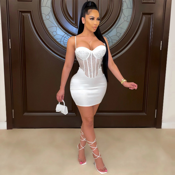 Sexy Sling Wrapped Breast Mesh Hot Rhinestone Solid Color One-piece Dress X5132