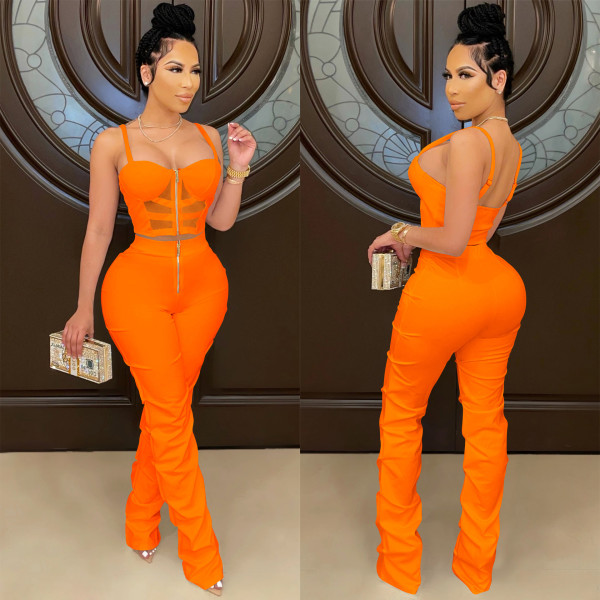 Pure color sexy women's suspenders wrapped chest zipper vest and trousers two-piece suit X5215