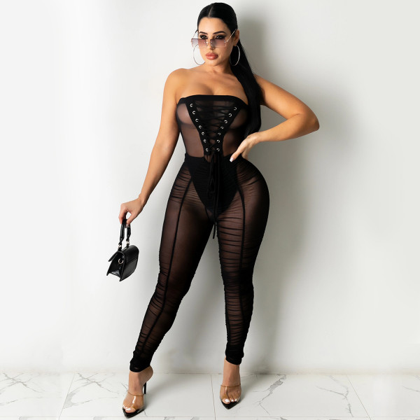 Solid color wrapped chest sexy see-through jumpsuit trousers women's clothing X5183