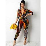 New product fashion digital printing V-neck long-sleeved trousers two-piece women X5281