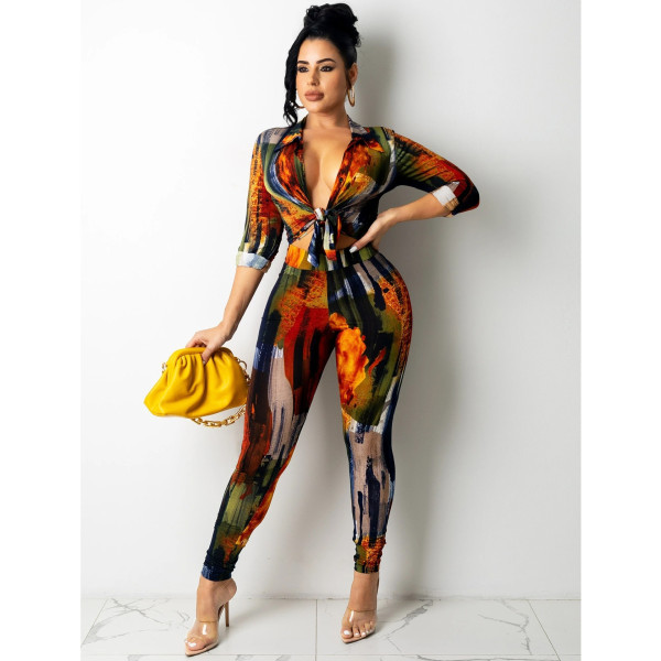 New product fashion digital printing V-neck long-sleeved trousers two-piece women X5281