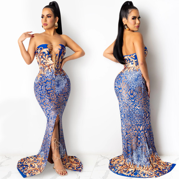Fashion print sleeveless chain tie chest waist slit long skirt dress X5166
