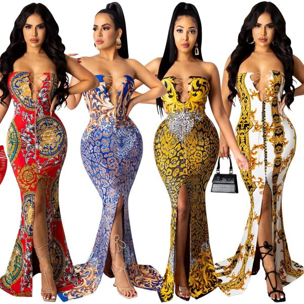 Fashion print sleeveless chain tie chest waist slit long skirt dress X5166