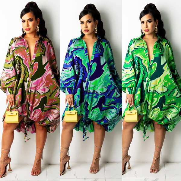 Sexy irregular digital print dress print skirt V2201