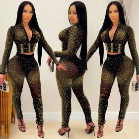 New product nightclub hot diamond V-neck long-sleeved trousers women's two-piece suit X5206