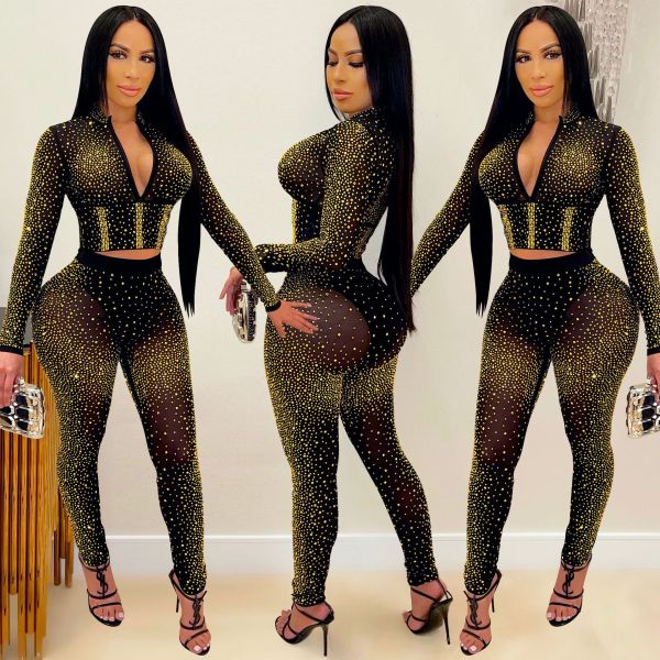 New product nightclub hot diamond V-neck long-sleeved trousers women's two-piece suit X5206