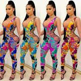Fashionable Women's Hollow Open Back Skinny Printed Jumpsuit C5109