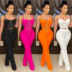 Pure color sexy women's suspenders wrapped chest zipper vest and trousers two-piece suit X5215