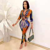 New product fashion digital printing V-neck long-sleeved trousers two-piece women X5281