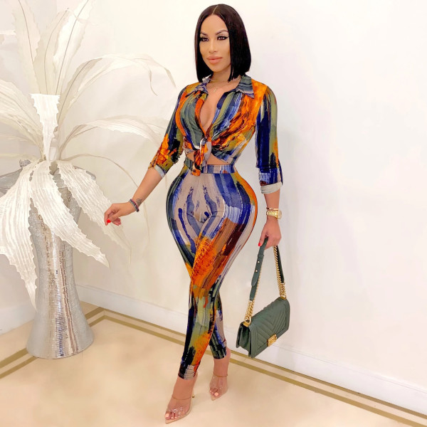 New product fashion digital printing V-neck long-sleeved trousers two-piece women X5281