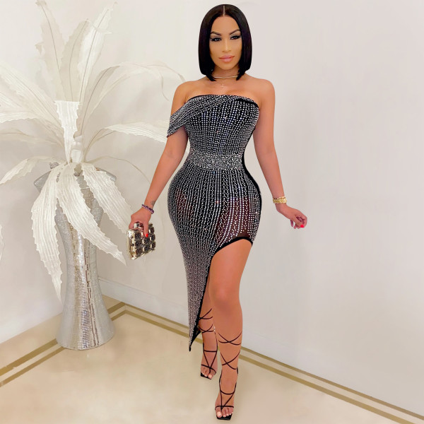 Evening dress with hot rhinestone mesh wrapped chest irregular women's dress X5046