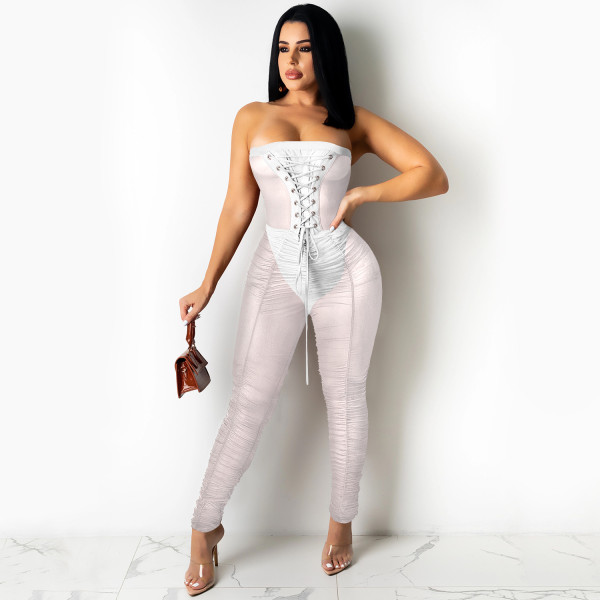 Solid color wrapped chest sexy see-through jumpsuit trousers women's clothing X5183