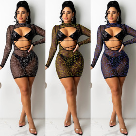 Nightclub hot diamond beads piece mesh sexy women's lace hollow two-piece suit X5288