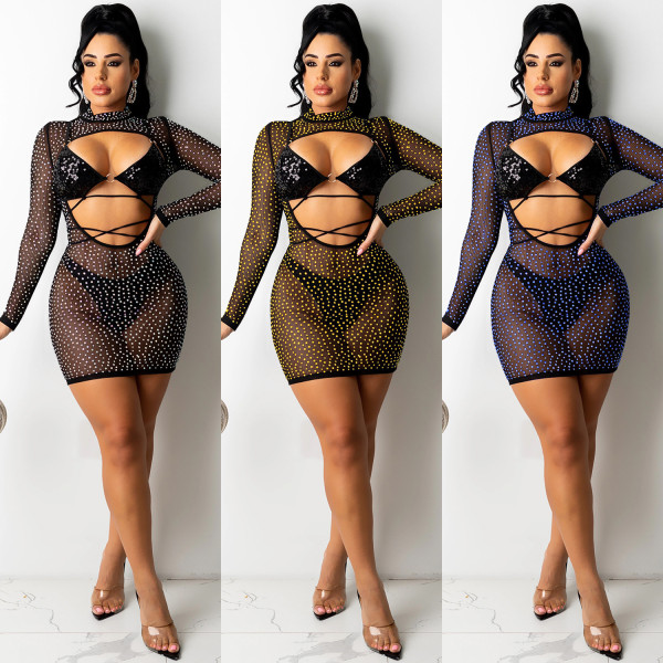 Nightclub hot diamond beads piece mesh sexy women's lace hollow two-piece suit X5288